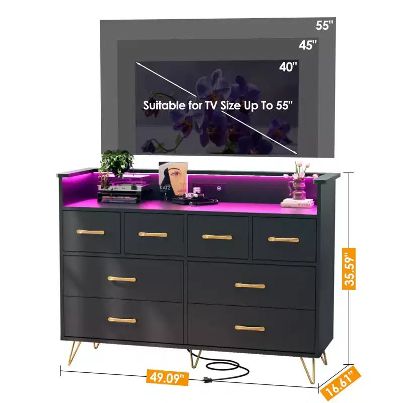 Cassettiera con presa di corrente e luci a LED, cassettiera a 8 cassetti in legno per camera da letto, cassettiera moderna per armadio, soggiorno
