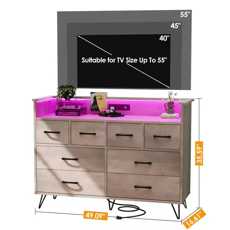 Cassettiera con presa di corrente e luci a LED, cassettiera a 8 cassetti in legno per camera da letto, cassettiera moderna per armadio, soggiorno