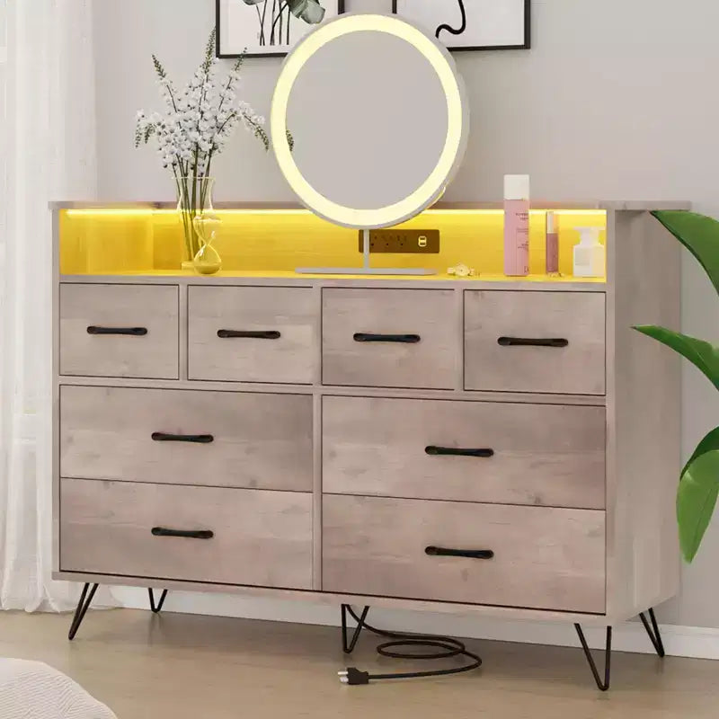 Cassettiera con presa di corrente e luci a LED, cassettiera a 8 cassetti in legno per camera da letto, cassettiera moderna per armadio, soggiorno