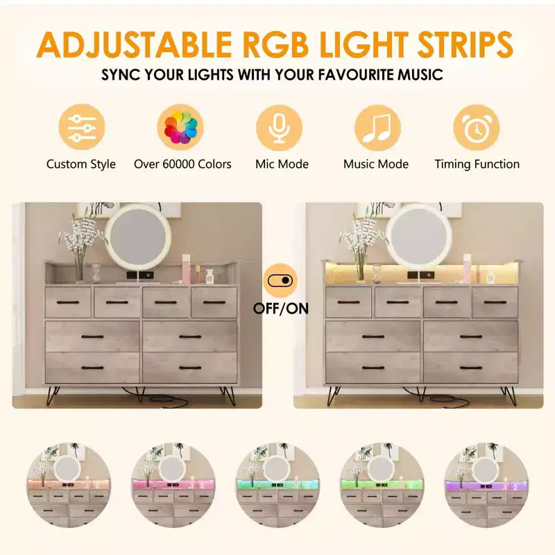 Cassettiera con presa di corrente e luci a LED, cassettiera a 8 cassetti in legno per camera da letto, cassettiera moderna per armadio, soggiorno
