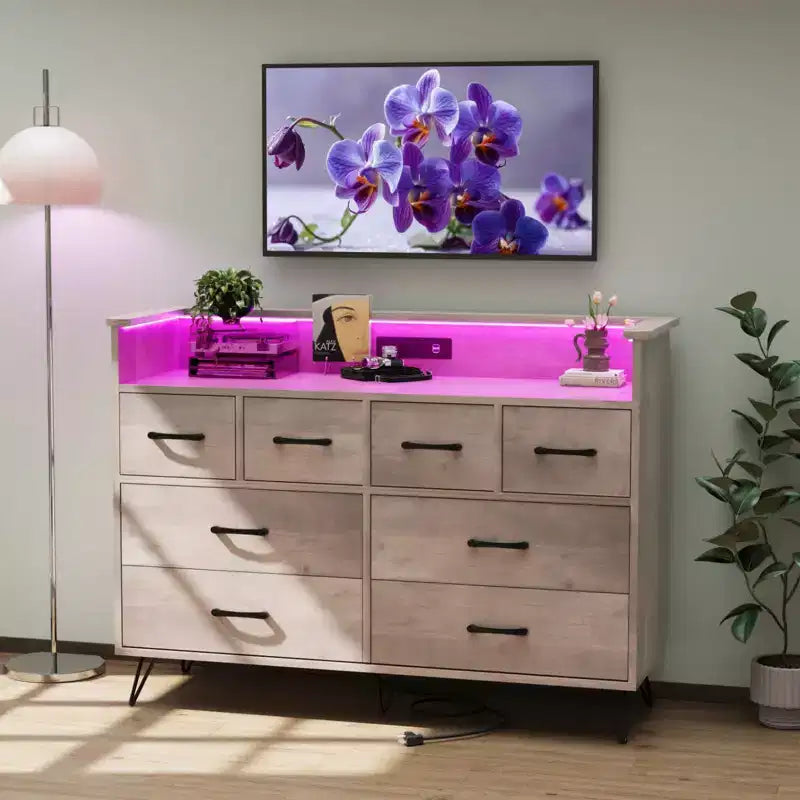 Cassettiera con presa di corrente e luci a LED, cassettiera a 8 cassetti in legno per camera da letto, cassettiera moderna per armadio, soggiorno