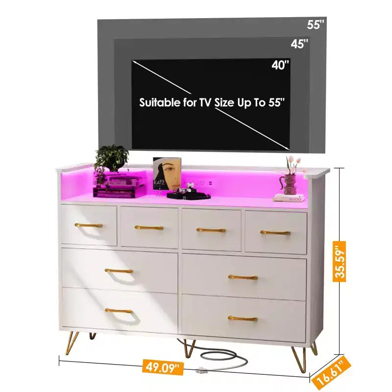 Cassettiera con presa di corrente e luci a LED, cassettiera a 8 cassetti in legno per camera da letto, cassettiera moderna per armadio, soggiorno