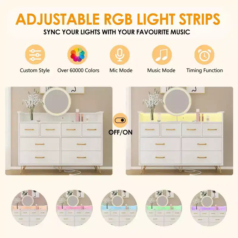 Cassettiera con presa di corrente e luci a LED, cassettiera a 8 cassetti in legno per camera da letto, cassettiera moderna per armadio, soggiorno