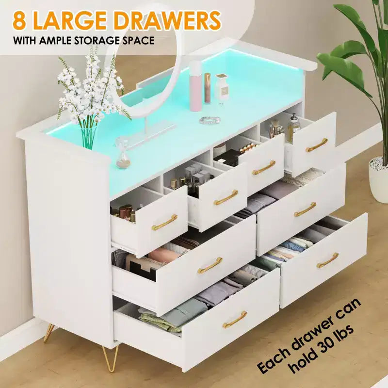 Cassettiera con presa di corrente e luci a LED, cassettiera a 8 cassetti in legno per camera da letto, cassettiera moderna per armadio, soggiorno