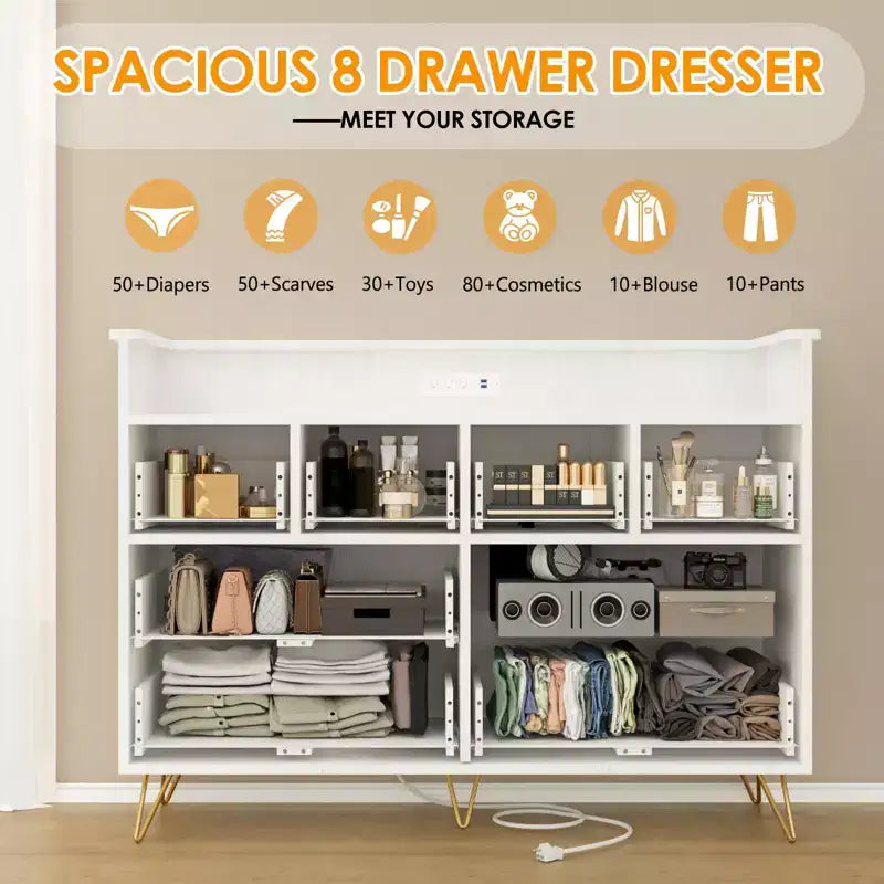 Cassettiera con presa di corrente e luci a LED, cassettiera a 8 cassetti in legno per camera da letto, cassettiera moderna per armadio, soggiorno