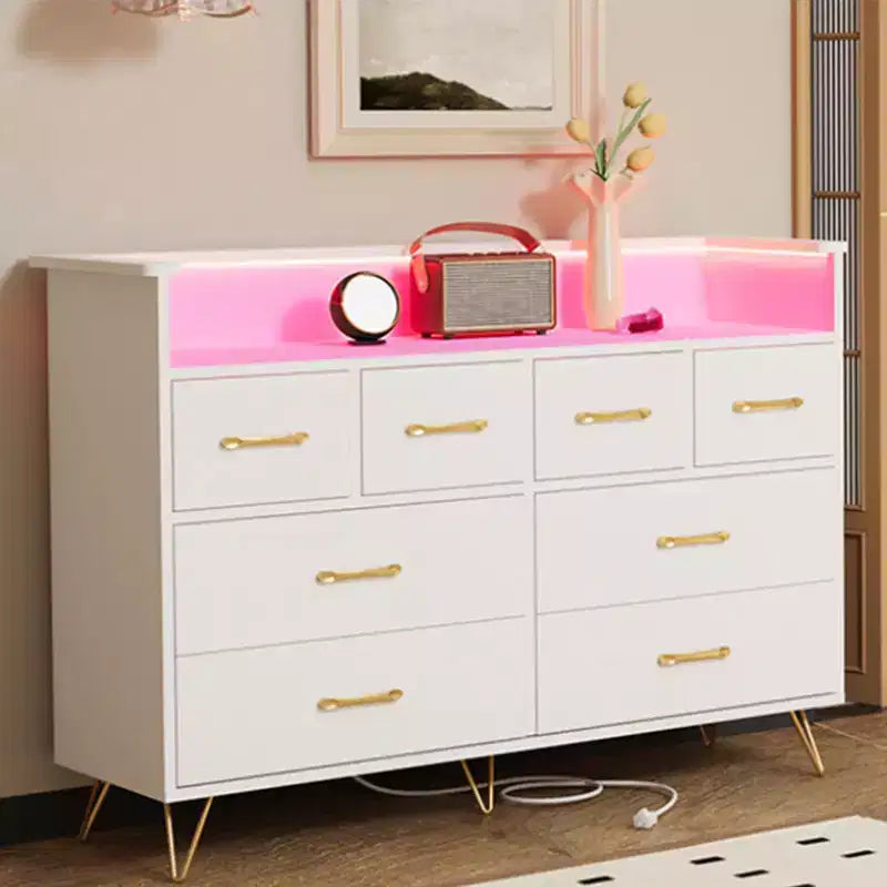 Cassettiera con presa di corrente e luci a LED, cassettiera a 8 cassetti in legno per camera da letto, cassettiera moderna per armadio, soggiorno