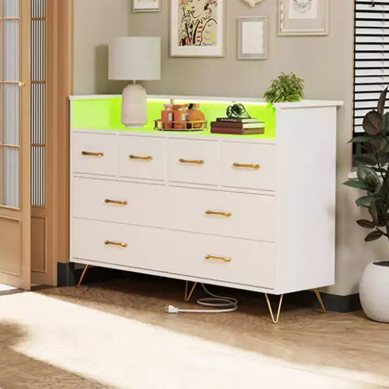 Cassettiera con presa di corrente e luci a LED, cassettiera a 8 cassetti in legno per camera da letto, cassettiera moderna per armadio, soggiorno