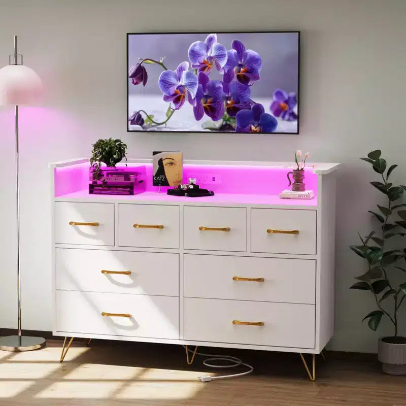 Cassettiera con presa di corrente e luci a LED, cassettiera a 8 cassetti in legno per camera da letto, cassettiera moderna per armadio, soggiorno