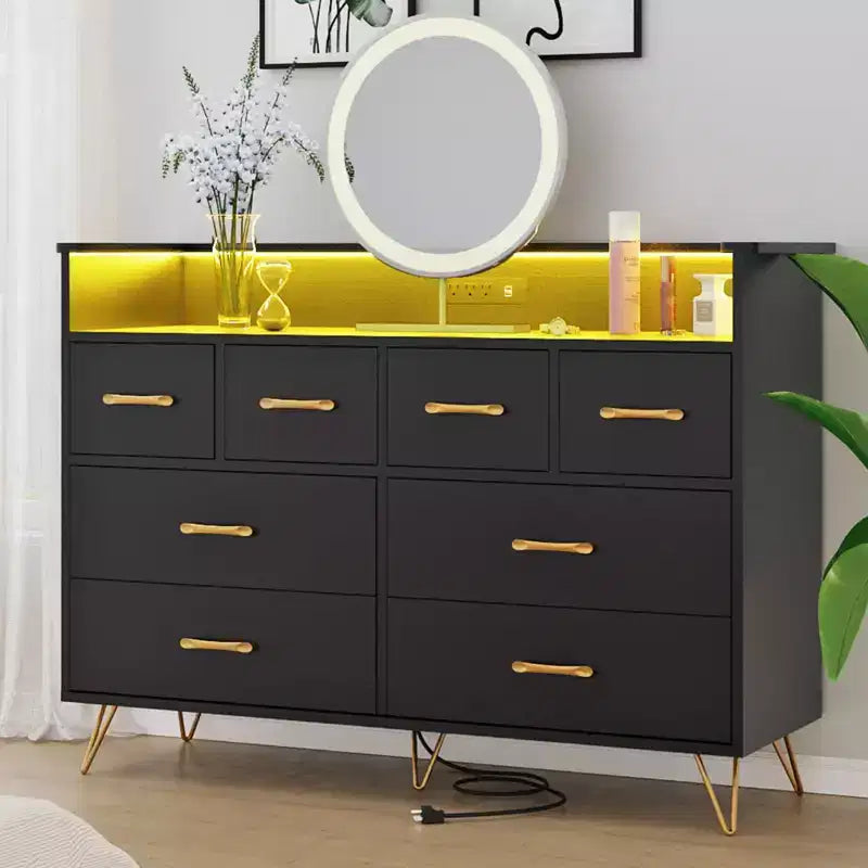 Cassettiera con presa di corrente e luci a LED, cassettiera a 8 cassetti in legno per camera da letto, cassettiera moderna per armadio, soggiorno