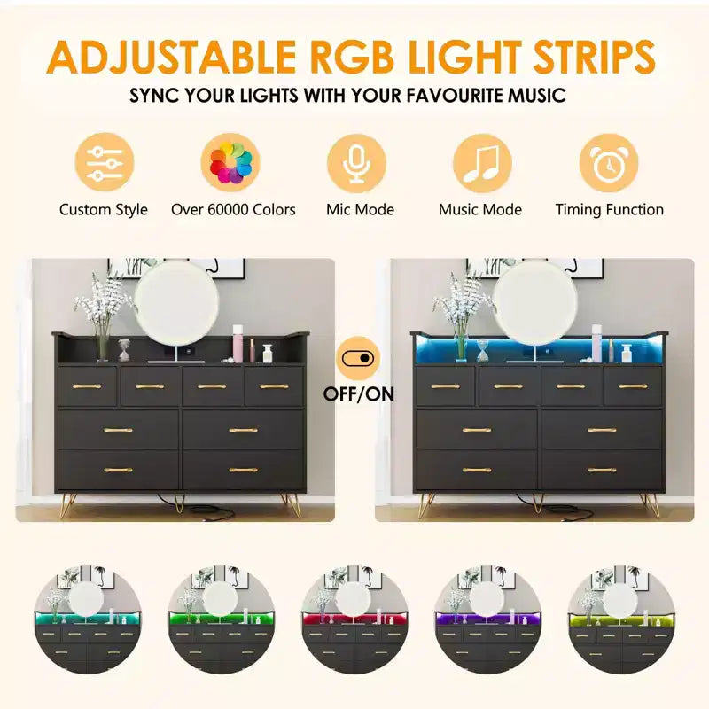 Cassettiera con presa di corrente e luci a LED, cassettiera a 8 cassetti in legno per camera da letto, cassettiera moderna per armadio, soggiorno
