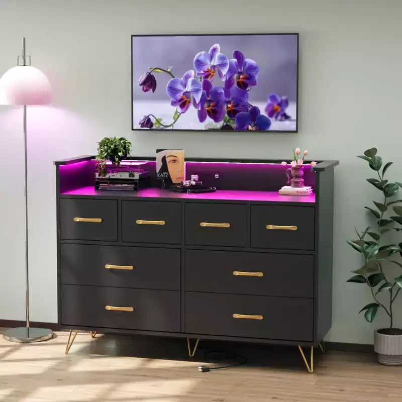 Cassettiera con presa di corrente e luci a LED, cassettiera a 8 cassetti in legno per camera da letto, cassettiera moderna per armadio, soggiorno