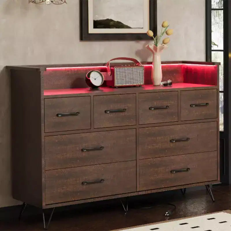 Cassettiera con presa di corrente e luci a LED, cassettiera a 8 cassetti in legno per camera da letto, cassettiera moderna per armadio, soggiorno
