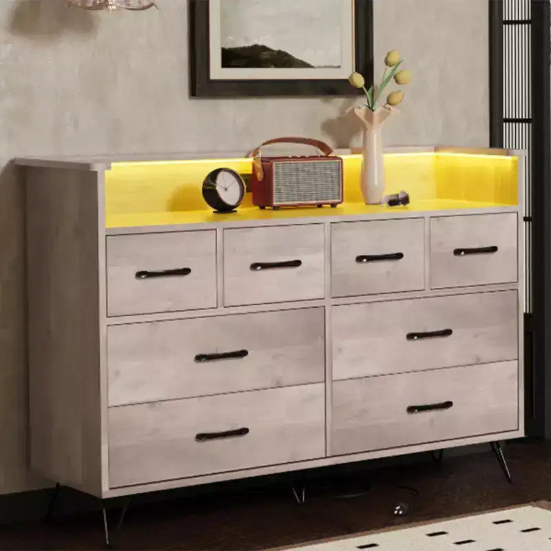 Cassettiera con presa di corrente e luci a LED, cassettiera a 8 cassetti in legno per camera da letto, cassettiera moderna per armadio, soggiorno