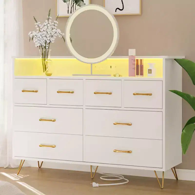 Cassettiera con presa di corrente e luci a LED, cassettiera a 8 cassetti in legno per camera da letto, cassettiera moderna per armadio, soggiorno