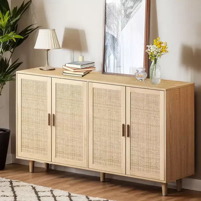 Credenza decorativa rustica in rattan con 4 ante e ripiani regolabili, Mobile buffet per cucina sala da pranzo