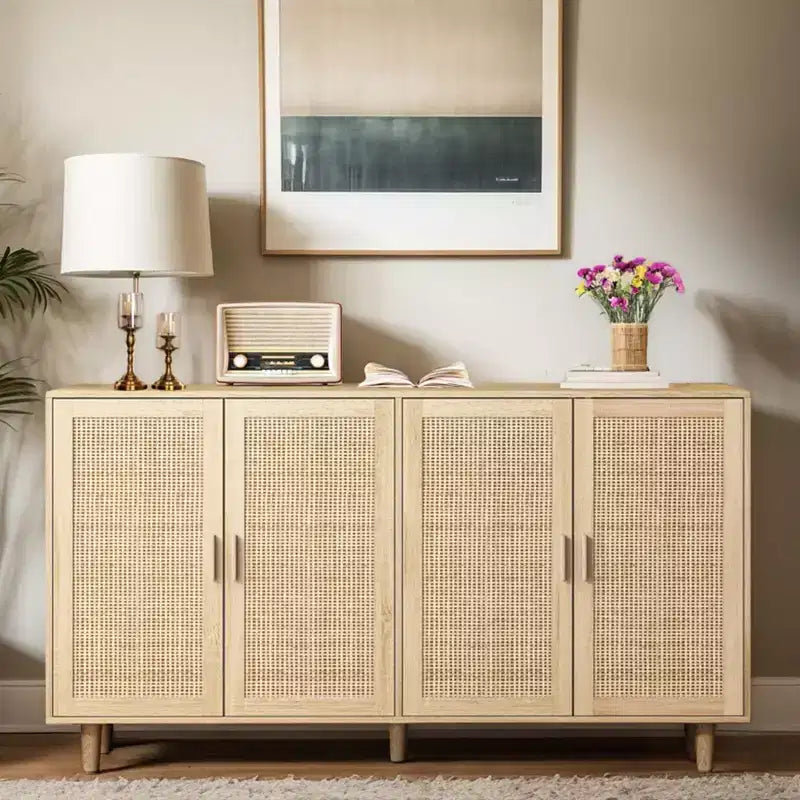Credenza decorativa rustica in rattan con 4 ante e ripiani regolabili, Mobile buffet per cucina sala da pranzo