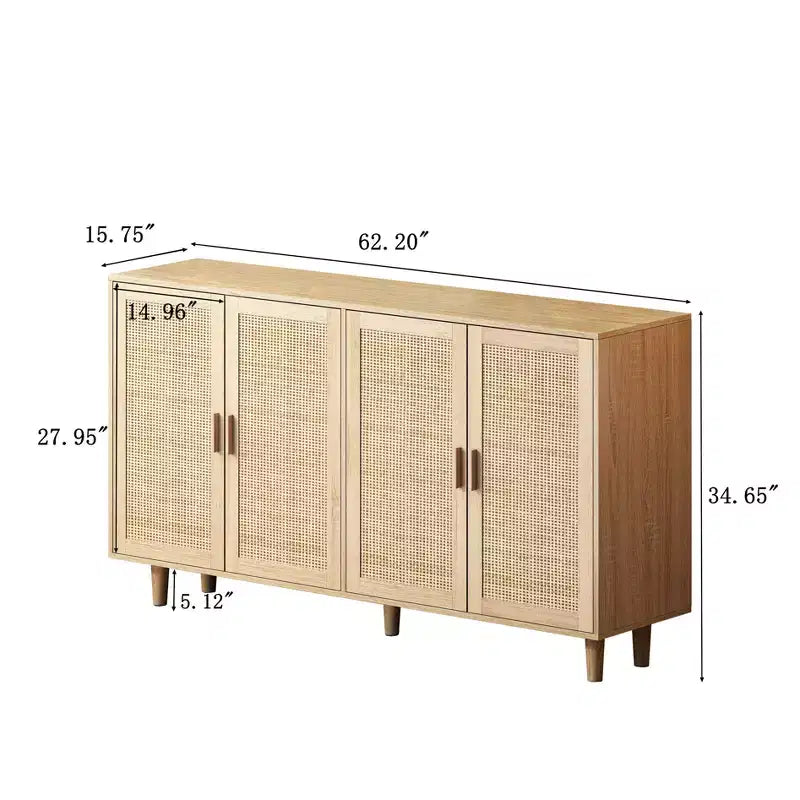 Credenza decorativa rustica in rattan con 4 ante e ripiani regolabili, Mobile buffet per cucina sala da pranzo