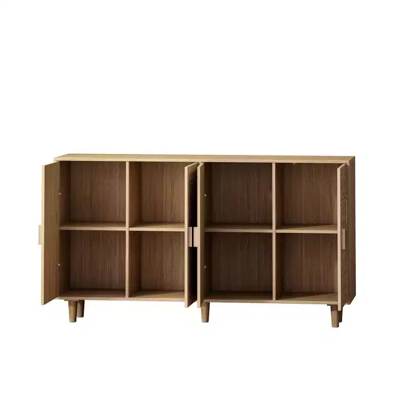 Credenza decorativa rustica in rattan con 4 ante e ripiani regolabili, Mobile buffet per cucina sala da pranzo