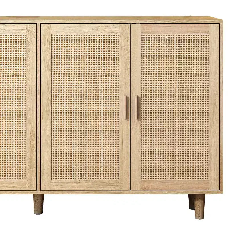 Credenza decorativa rustica in rattan con 4 ante e ripiani regolabili, Mobile buffet per cucina sala da pranzo