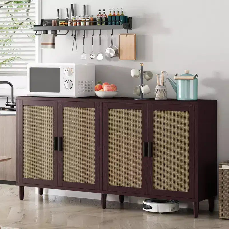 Credenza decorativa rustica in rattan con 4 ante e ripiani regolabili, Mobile buffet per cucina sala da pranzo