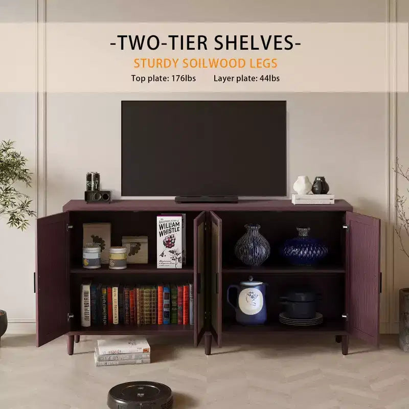 Credenza decorativa rustica in rattan con 4 ante e ripiani regolabili, Mobile buffet per cucina sala da pranzo