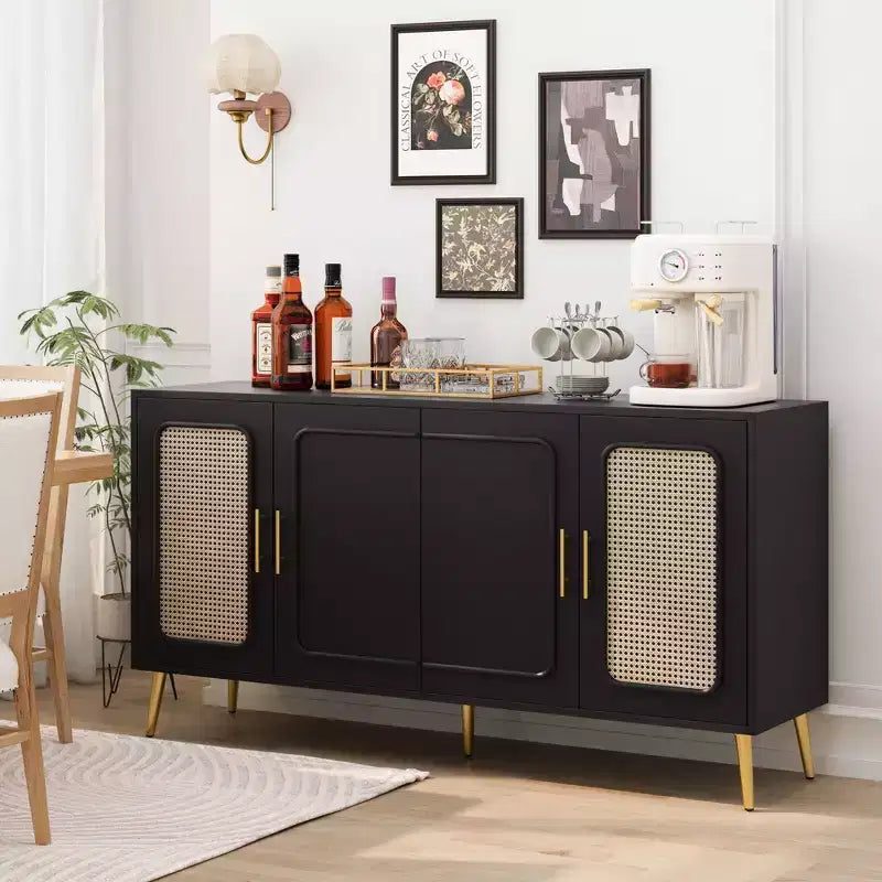 Credenza decorativa rustica in rattan con 4 ante e ripiani regolabili, Mobile buffet per cucina sala da pranzo