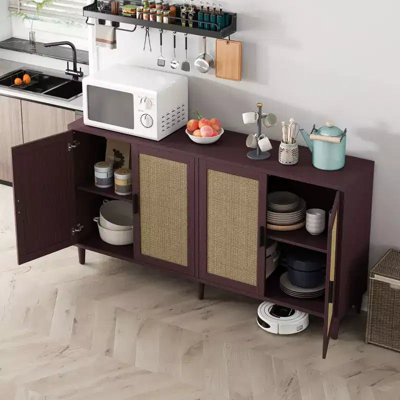 Credenza decorativa rustica in rattan con 4 ante e ripiani regolabili, Mobile buffet per cucina sala da pranzo