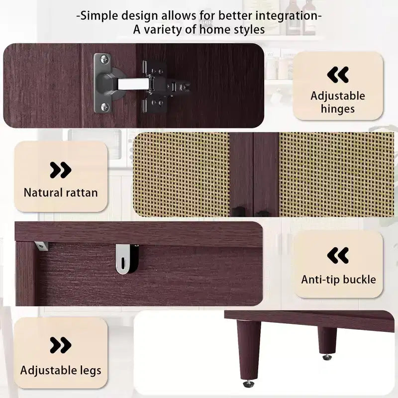 Credenza decorativa rustica in rattan con 4 ante e ripiani regolabili, Mobile buffet per cucina sala da pranzo