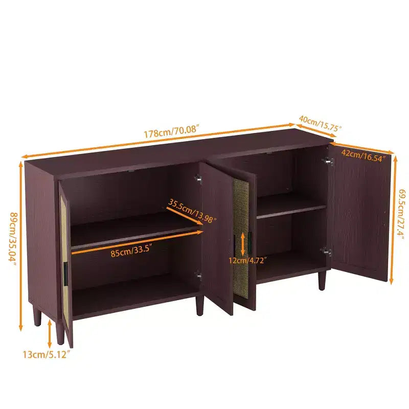 Credenza decorativa rustica in rattan con 4 ante e ripiani regolabili, Mobile buffet per cucina sala da pranzo
