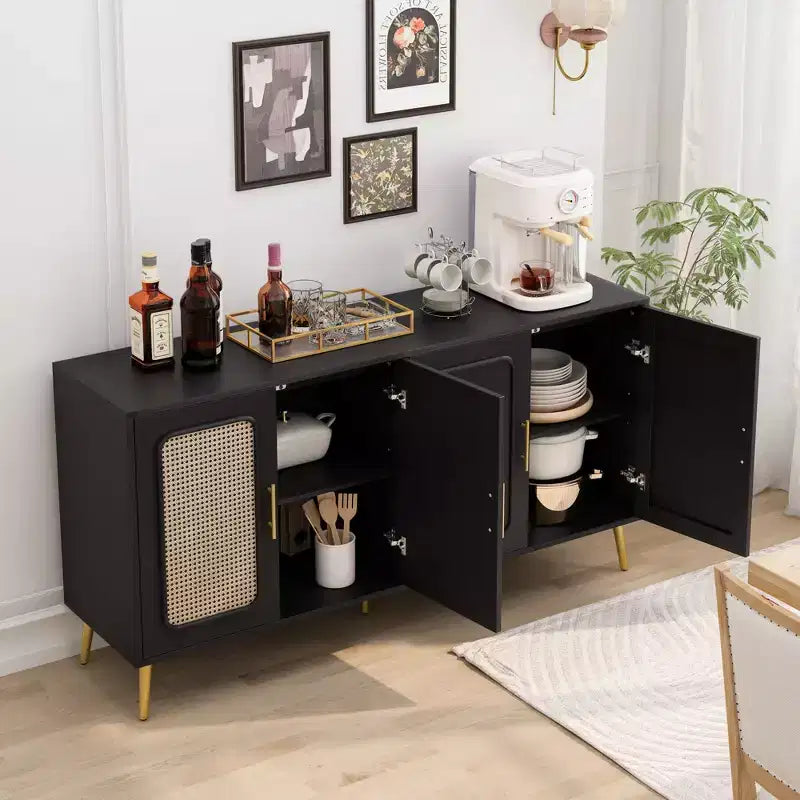 Credenza decorativa rustica in rattan con 4 ante e ripiani regolabili, Mobile buffet per cucina sala da pranzo