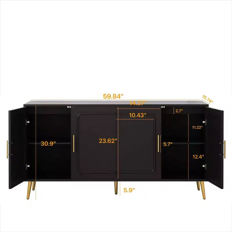 Credenza decorativa rustica in rattan con 4 ante e ripiani regolabili, Mobile buffet per cucina sala da pranzo