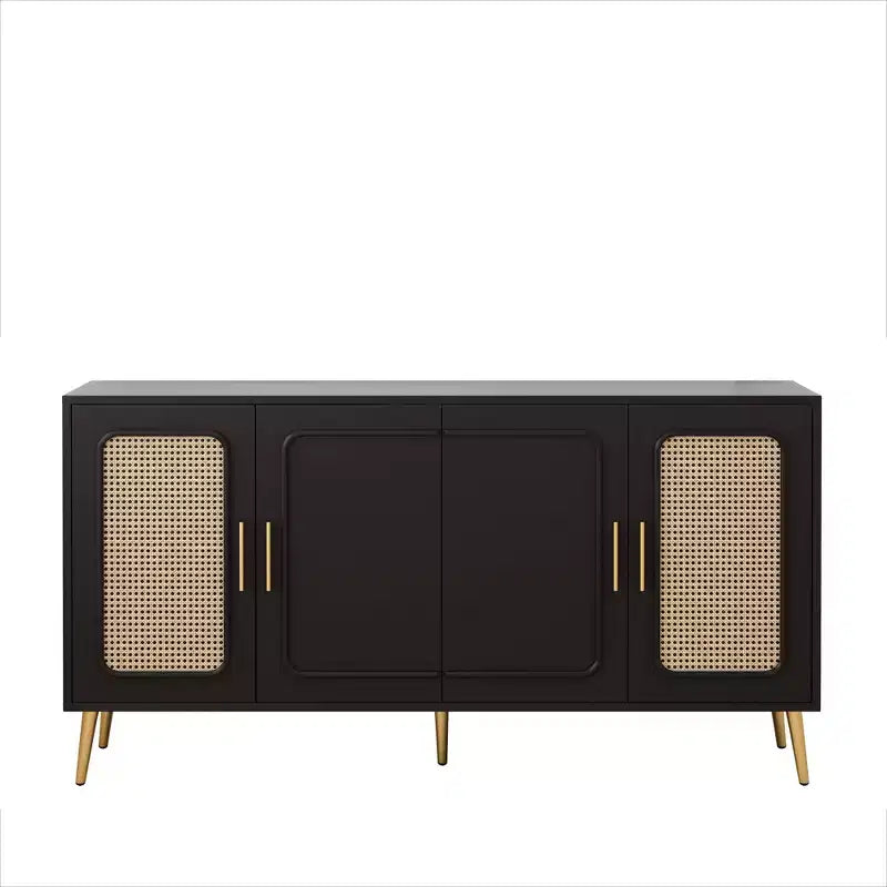 Credenza decorativa rustica in rattan con 4 ante e ripiani regolabili, Mobile buffet per cucina sala da pranzo