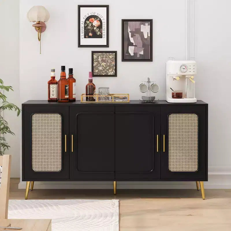 Credenza decorativa rustica in rattan con 4 ante e ripiani regolabili, Mobile buffet per cucina sala da pranzo