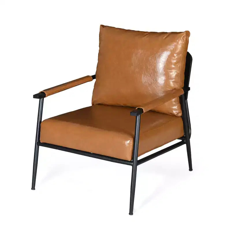 Poltrona lounge accent in similpelle stile Mid-Century Modern con schienale alto imbottito e struttura in metallo, marrone