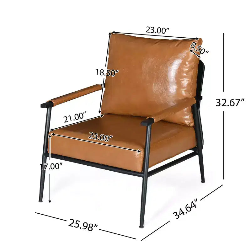Poltrona lounge accent in similpelle stile Mid-Century Modern con schienale alto imbottito e struttura in metallo, marrone