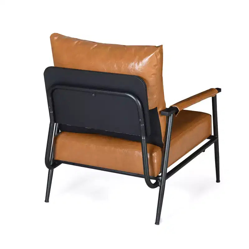 Poltrona lounge accent in similpelle stile Mid-Century Modern con schienale alto imbottito e struttura in metallo, marrone