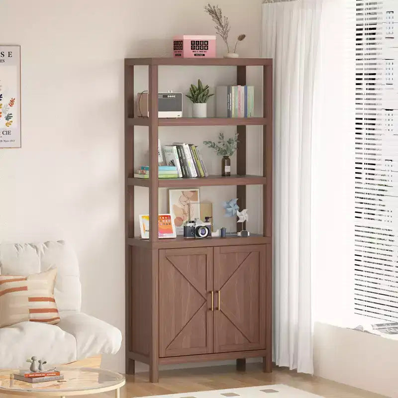 Scaffale a 5 ripiani alto 71 pollici, libreria boho con ante e ripiano regolabile, ampio scaffale espositivo, libreria in legno per soggiorno, camera da letto, cucina