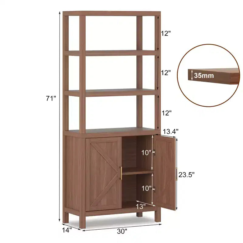 Scaffale a 5 ripiani alto 71 pollici, libreria boho con ante e ripiano regolabile, ampio scaffale espositivo, libreria in legno per soggiorno, camera da letto, cucina