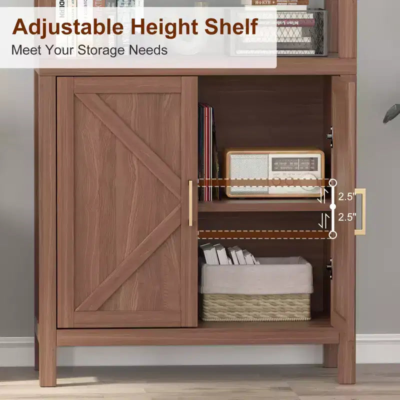 Scaffale a 5 ripiani alto 71 pollici, libreria boho con ante e ripiano regolabile, ampio scaffale espositivo, libreria in legno per soggiorno, camera da letto, cucina