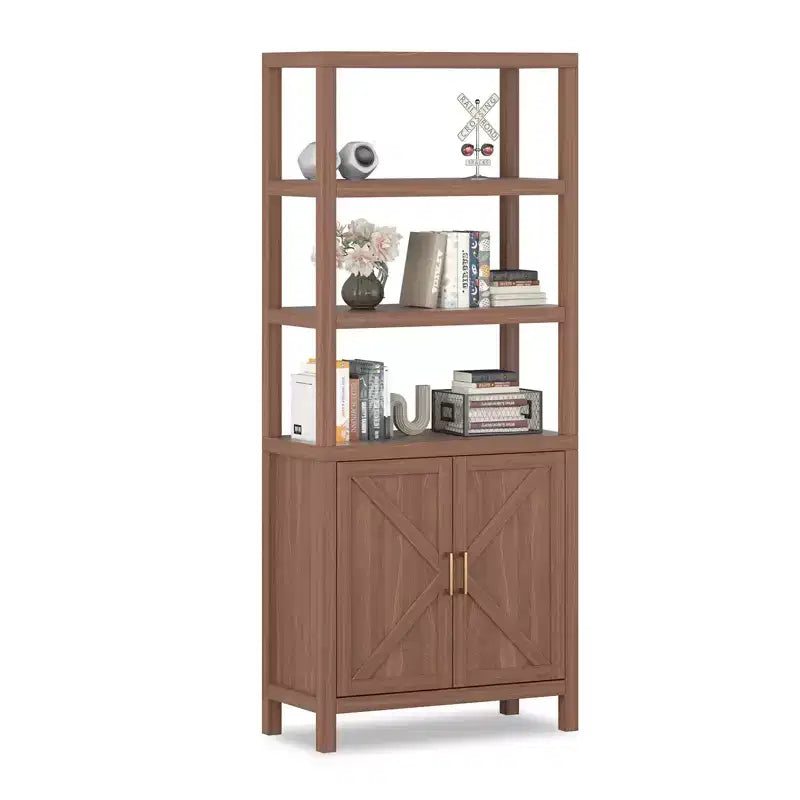 Scaffale a 5 ripiani alto 71 pollici, libreria boho con ante e ripiano regolabile, ampio scaffale espositivo, libreria in legno per soggiorno, camera da letto, cucina