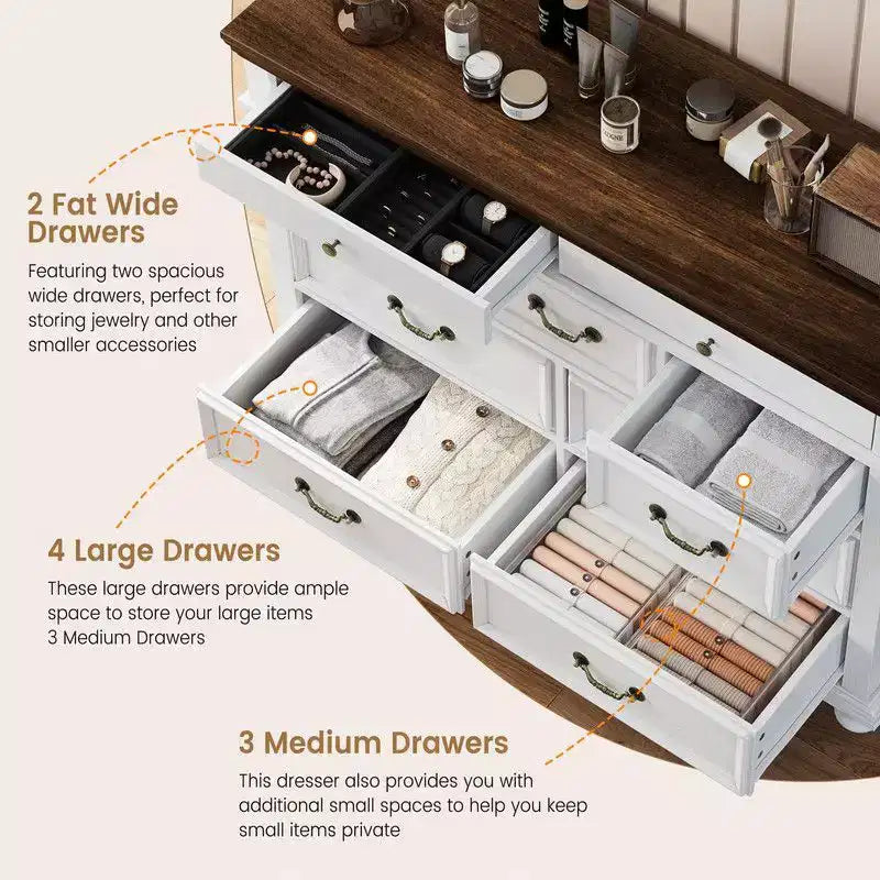 Cassettiera rustica da 47 pollici in legno a 9 cassetti per camera da letto
