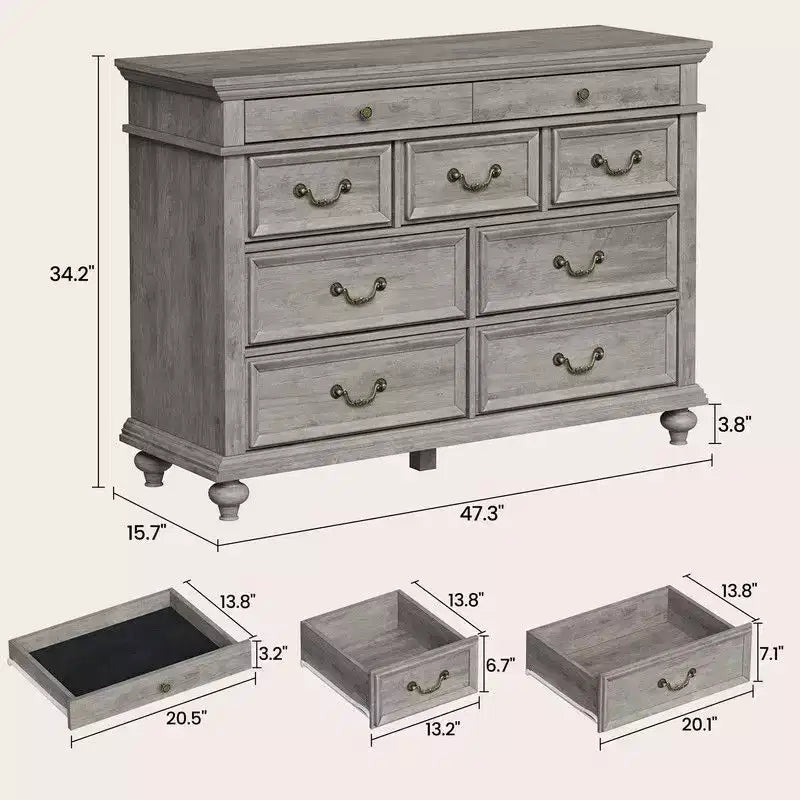 Cassettiera rustica da 47 pollici in legno a 9 cassetti per camera da letto