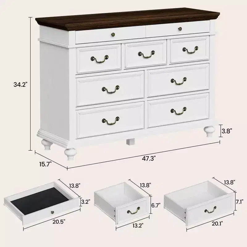 Cassettiera rustica da 47 pollici in legno a 9 cassetti per camera da letto