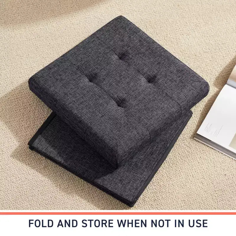 Confezione da 2 pouf contenitore a cubo quadrato pieghevoli da 38 cm, lino trapuntato, pieghevoli per dormitorio, soggiorno e camera da letto