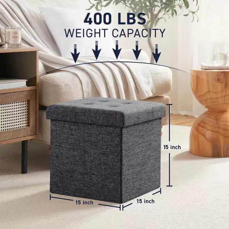 Confezione da 2 pouf contenitore a cubo quadrato pieghevoli da 38 cm, lino trapuntato, pieghevoli per dormitorio, soggiorno e camera da letto