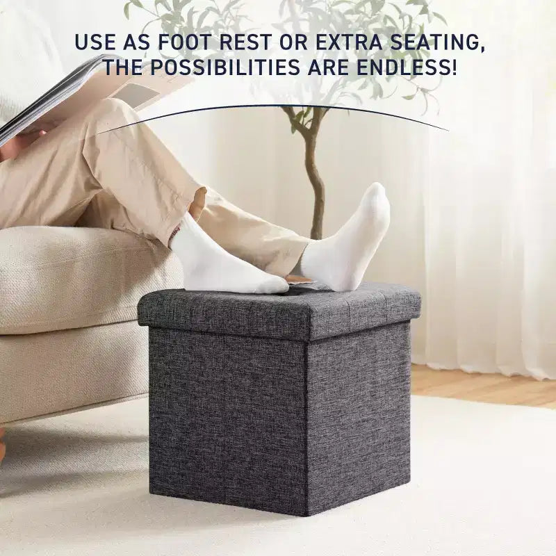 Confezione da 2 pouf contenitore a cubo quadrato pieghevoli da 38 cm, lino trapuntato, pieghevoli per dormitorio, soggiorno e camera da letto