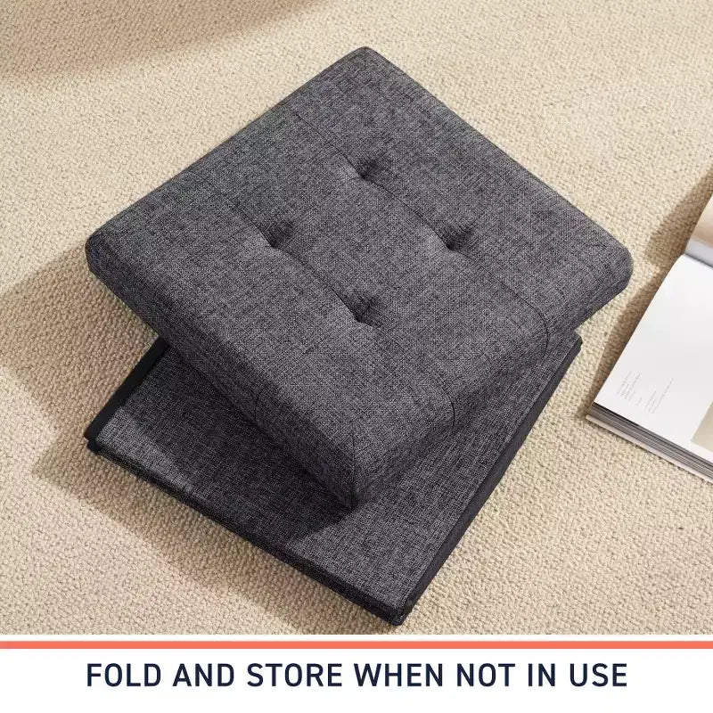 Confezione da 2 pouf contenitore a cubo quadrato pieghevoli da 38 cm, lino trapuntato, pieghevoli per dormitorio, soggiorno e camera da letto