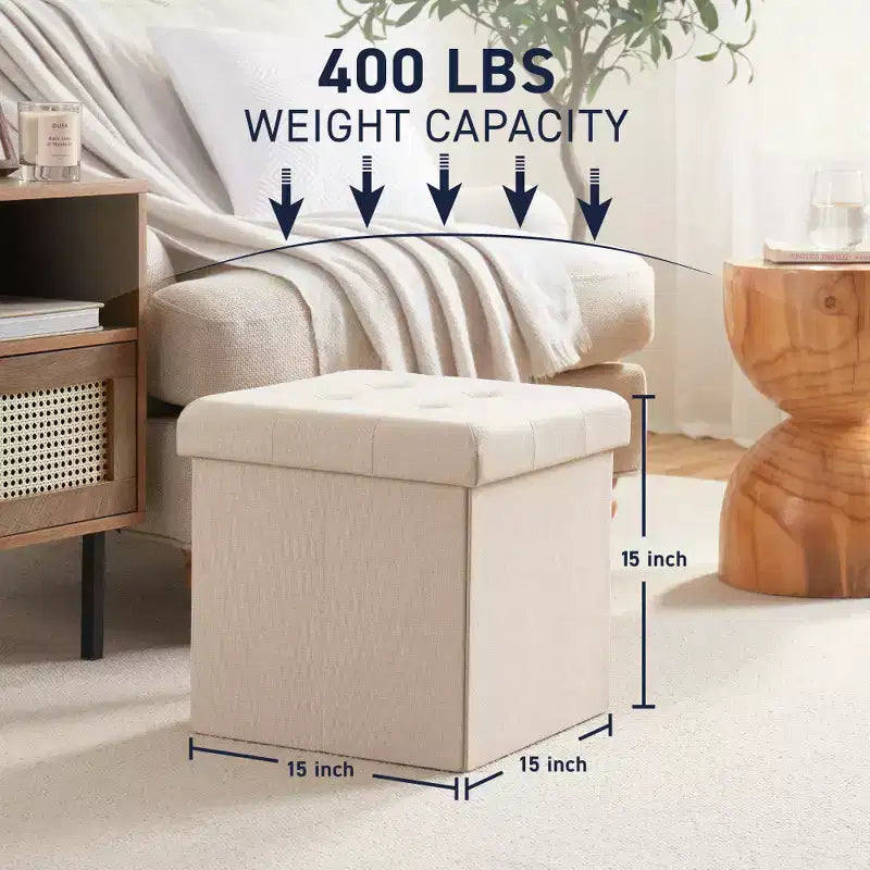 Confezione da 2 pouf contenitore a cubo quadrato pieghevoli da 38 cm, lino trapuntato, pieghevoli per dormitorio, soggiorno e camera da letto