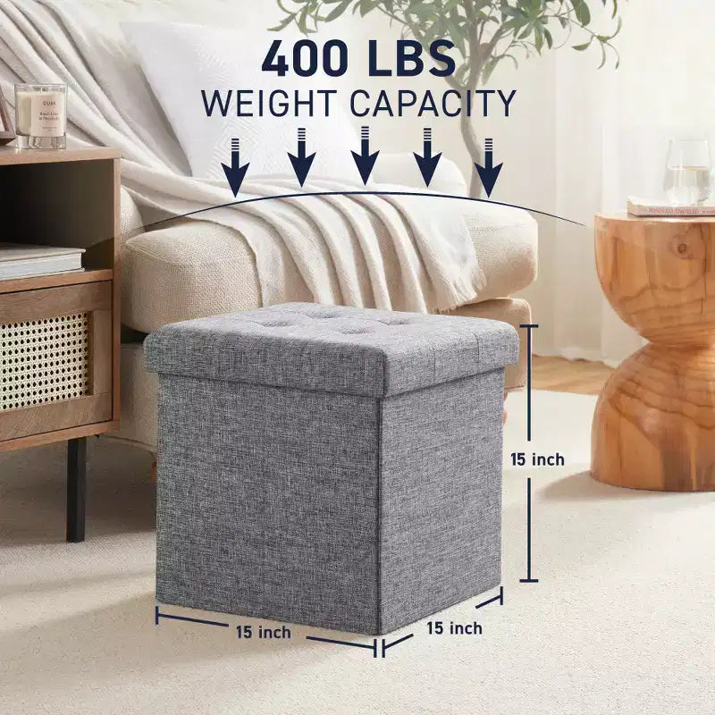 Confezione da 2 pouf contenitore a cubo quadrato pieghevoli da 38 cm, lino trapuntato, pieghevoli per dormitorio, soggiorno e camera da letto