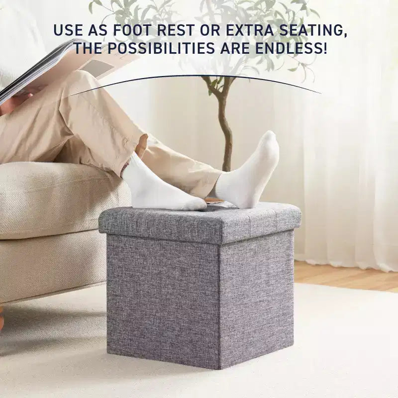 Confezione da 2 pouf contenitore a cubo quadrato pieghevoli da 38 cm, lino trapuntato, pieghevoli per dormitorio, soggiorno e camera da letto